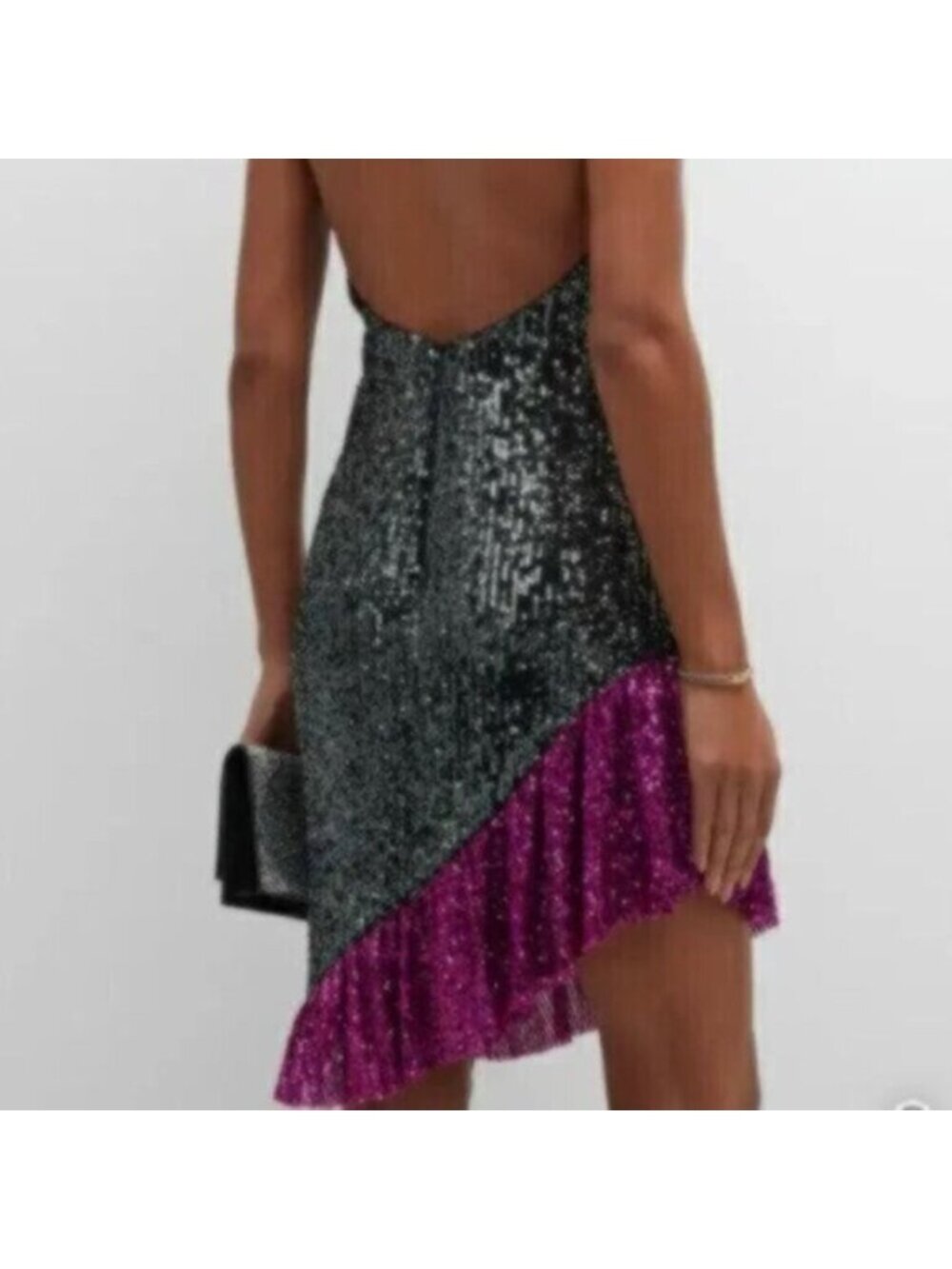 NWT One33 Social Black & Purple Sequin Colorblock Backless Halter Dress - Picture 4 of 15